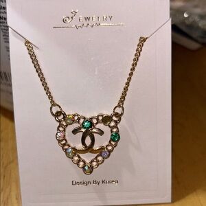 Gold plated  Heart Pendant Necklace with Green Accents